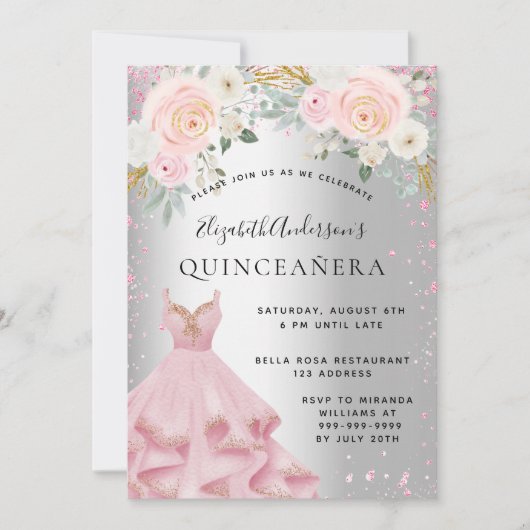 Quinceanera Silver Pink sparkles Kaart (Voorkant)