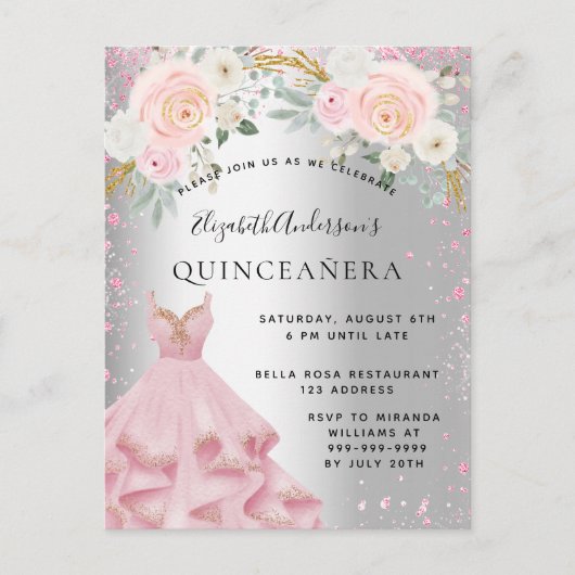 Quinceanera Silver Pink sparkles Uitnodiging Briefkaart (Voorkant)