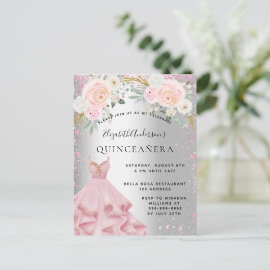Quinceanera Silver Pink sparkles Uitnodiging Briefkaart (Staand voorkant)