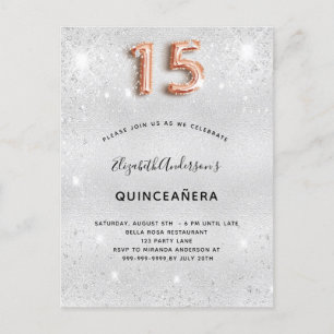 Quinceanera Silver roos goud glitsstof Uitnodiging Briefkaart