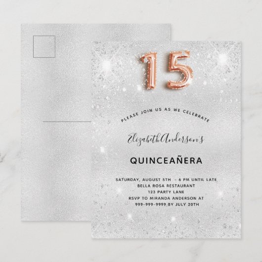 Quinceanera Silver roos goud glitsstof Uitnodiging Briefkaart (Voorkant / Achterkant)