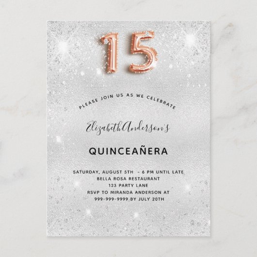 Quinceanera Silver roos goud glitsstof Uitnodiging Briefkaart (Voorkant)