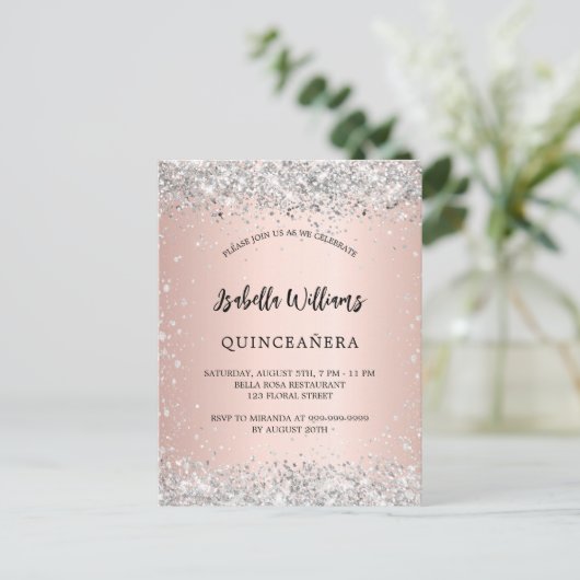 Quinceanera Silver roos gouden doornhaaien Uitnodiging Briefkaart (Staand voorkant)
