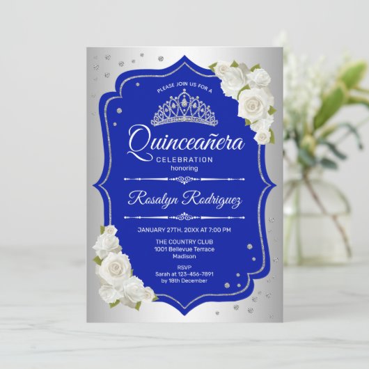 Quinceanera - Silver Royal Blue Kaart (Staand voorkant)