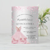 Quinceanera Silver Roze jurk glitsstof Kaart (Staand voorkant)