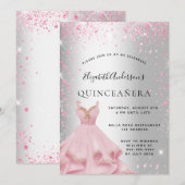 Quinceanera Silver Roze jurk glitsstof Kaart (Voorkant / Achterkant)