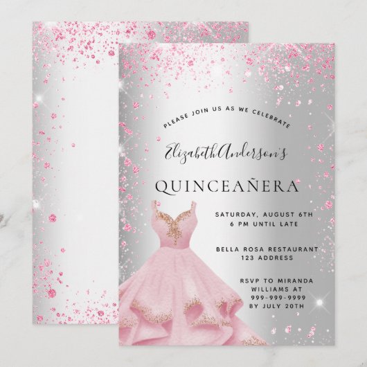 Quinceanera Silver Roze jurk glitsstof Kaart (Voorkant / Achterkant)