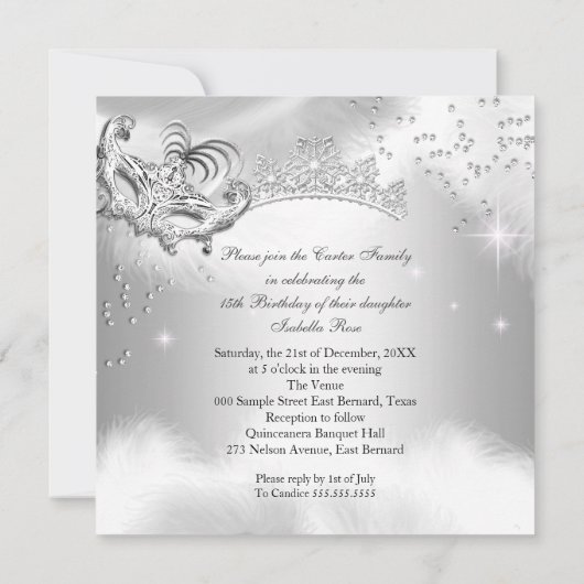 Quinceanera Silver Sparkle Masquerade Party 2 Kaart (Achterkant)