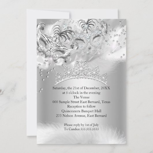 Quinceanera Silver Sparkle Masquerade Party Kaart (Achterkant)