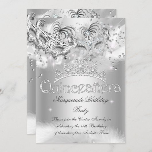 Quinceanera Silver Sparkle Masquerade Party Kaart (Voorkant / Achterkant)