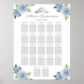 Quinceanera Silver Tiara Blue Floral Seating Chart Poster (Voorkant)
