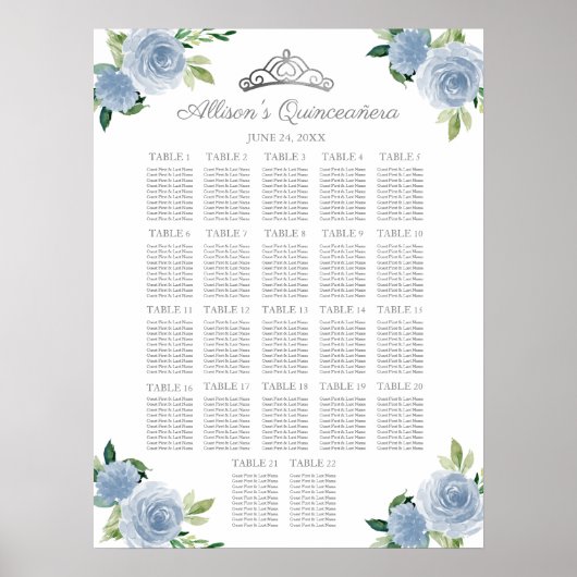 Quinceanera Silver Tiara Blue Floral Seating Chart Poster (Voorkant)