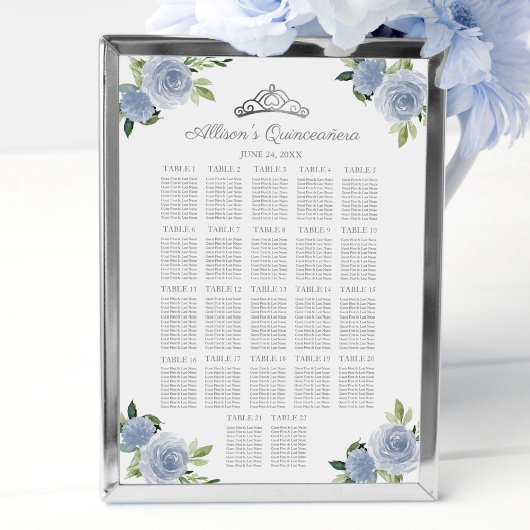 Quinceanera Silver Tiara Blue Floral Seating Chart Poster