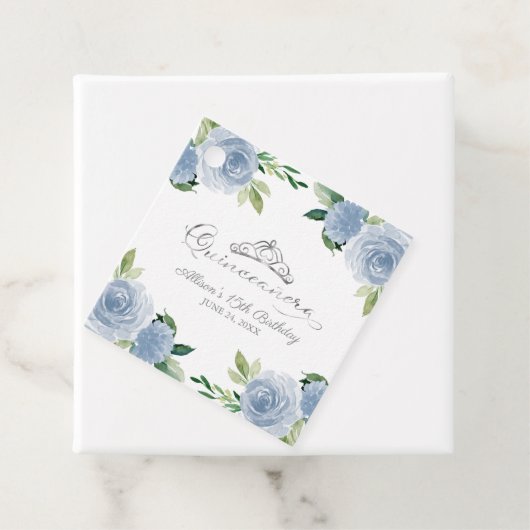 Quinceanera Silver Tiara Light Blue Floral Bedankjes Labels (In situ)
