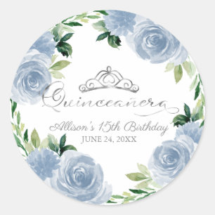 Quinceanera Silver Tiara Light Blue Floral Ronde Sticker