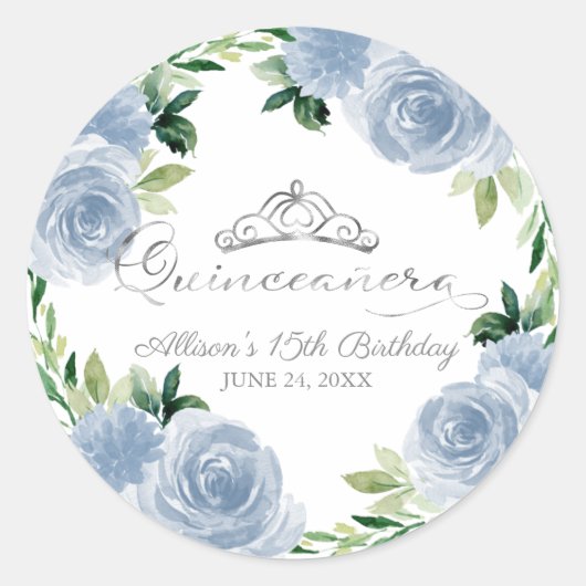 Quinceanera Silver Tiara Light Blue Floral Ronde Sticker (Voorkant)