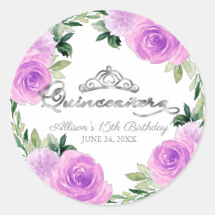 Quinceanera Silver Tiara Light Paars Floral Ronde Sticker