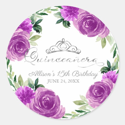 Quinceanera Silver Tiara Paarse Bloemen Ronde Sticker (Voorkant)
