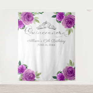 Quinceanera Silver Tiara Paarse Floral Backdrop Wandkleed