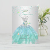 Quinceanera Silver Turquoise Glitter Gown Kaart (Staand voorkant)