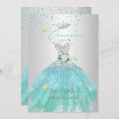 Quinceanera Silver Turquoise Glitter Gown Kaart (Voorkant / Achterkant)