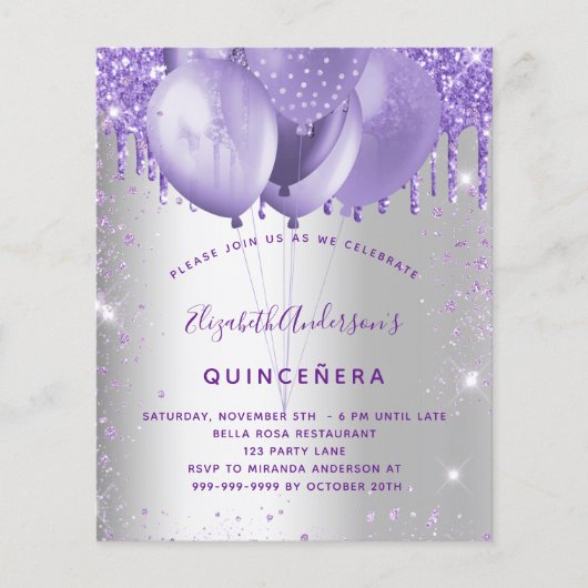Quinceanera Silver violet budget uitnodiging Flyer (Voorkant)