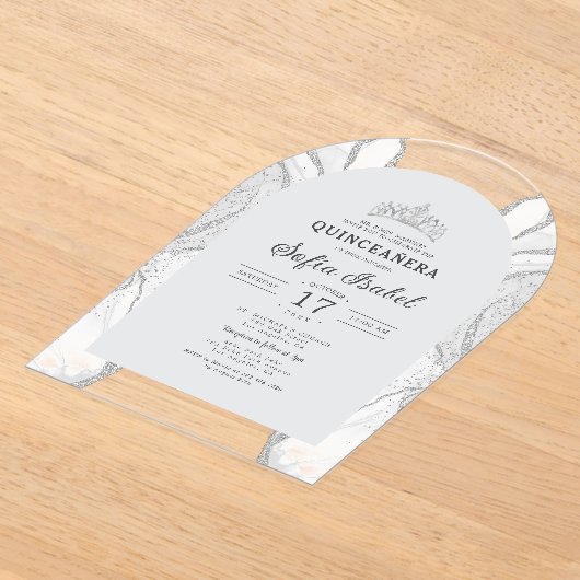 Quinceañera Silver White Agaat Elegant Acryl Uitnodigingen (Laagn)