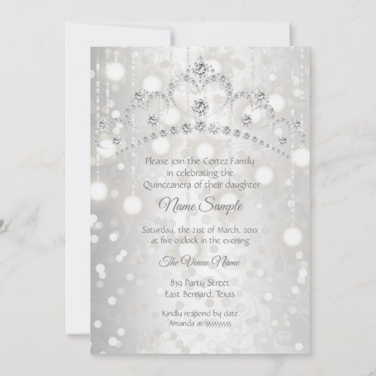 Quinceanera  Silver White Diamond Tiara Kaart (Achterkant)