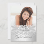 Quinceanera Silver White Lace Damask Diamond Heart Kaart (Voorkant)