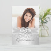 Quinceanera Silver White Lace Damask Diamond Heart Kaart (Staand voorkant)