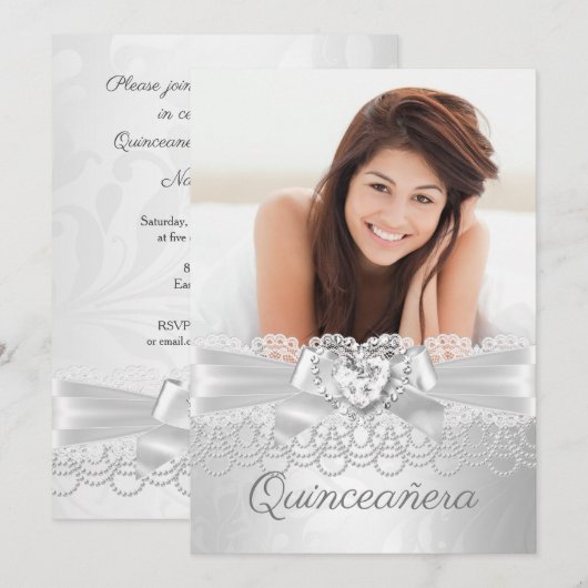 Quinceanera Silver White Lace Damask Diamond Heart Kaart (Voorkant / Achterkant)