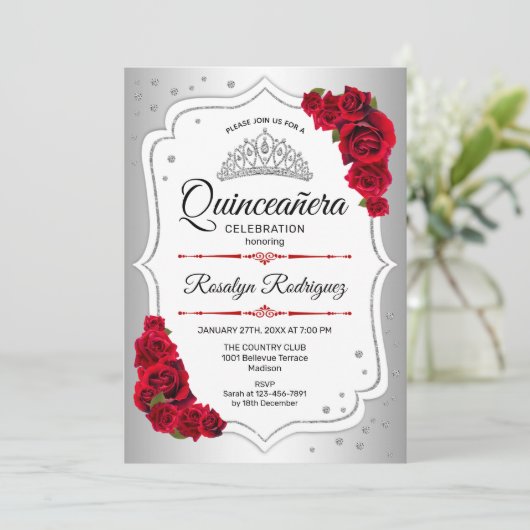 Quinceanera - Silver White Red Kaart (Staand voorkant)