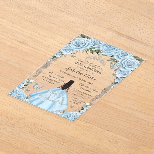 Quinceañera Sky Blue Floral Dress Tan Princess  Acryl Uitnodigingen (Laagn)