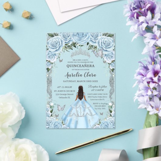Quinceañera Sky Blue Floral Dress Tan Princess  Acryl Uitnodigingen (Insitu (Huwelijk))