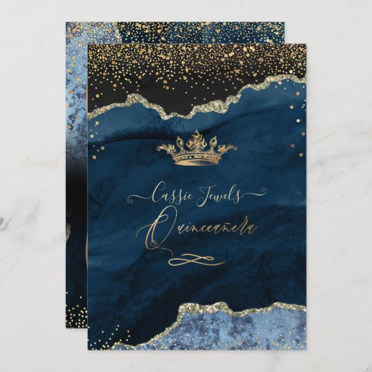 Quinceanera Slate Blue Agate Faux Gold Dust Kaart (Voorkant / Achterkant)