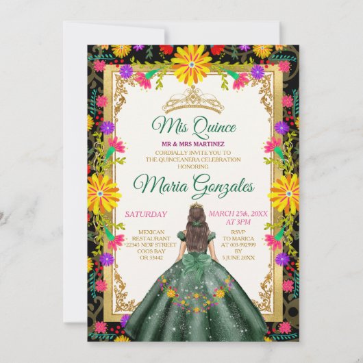 Quinceanera Smaragd Groen Kleurrijke Bloem Verjaar Kaart (Voorkant)