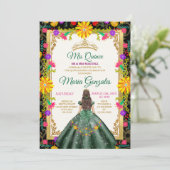 Quinceanera Smaragd Groen Kleurrijke Bloem Verjaar Kaart (Staand voorkant)