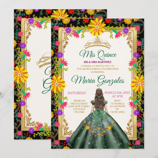 Quinceanera Smaragd Groen Kleurrijke Bloem Verjaar Kaart (Voorkant / Achterkant)