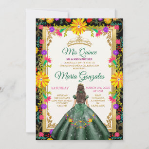 Quinceanera Smaragd Groen Kleurrijke Bloem Verjaar Kaart