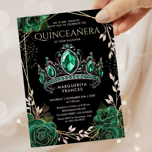 Quinceañera Smaragd Groen Tiara Bloemen Elegant Kaart