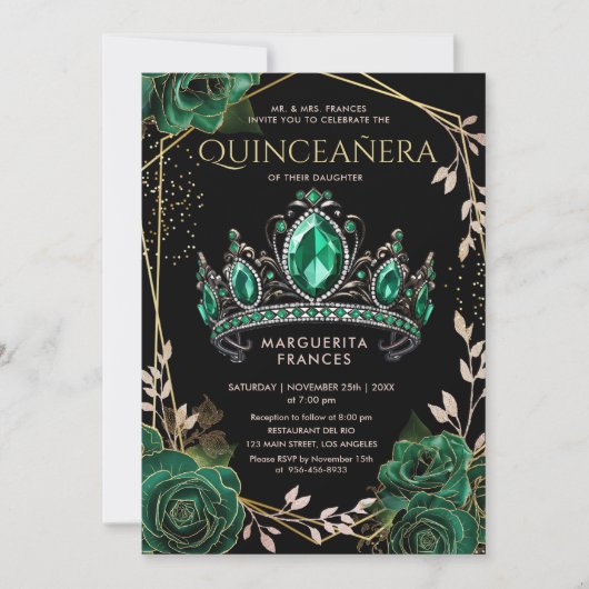 Quinceañera Smaragd Groen Tiara Bloemen Elegant Kaart (Voorkant)