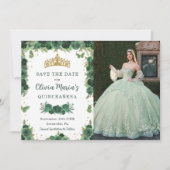 Quinceañera Smaragd Groene Bloemenvlinders Foto Save The Date (Voorkant)