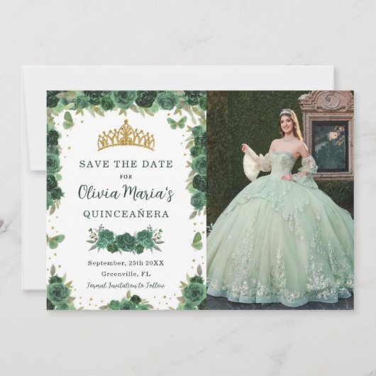 Quinceañera Smaragd Groene Bloemenvlinders Foto Save The Date (Voorkant)