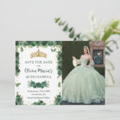 Quinceañera Smaragd Groene Bloemenvlinders Foto Save The Date (Staand voorkant)