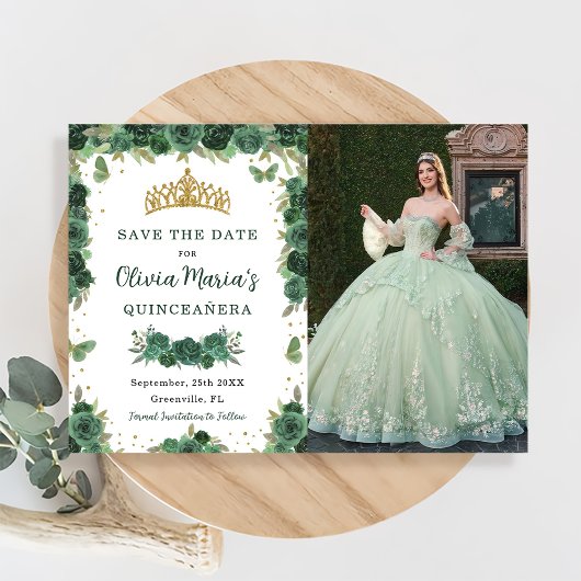 Quinceañera Smaragd Groene Bloemenvlinders Foto Save The Date