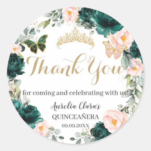 Quinceañera Smaragd Groene Blozen Bloemen Verjaard Ronde Sticker (Voorkant)