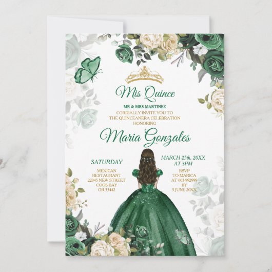 Quinceañera Smaragd Groene Vlinder Gouden Kroon Kaart (Voorkant)