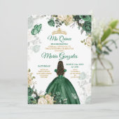 Quinceañera Smaragd Groene Vlinder Gouden Kroon Kaart (Staand voorkant)