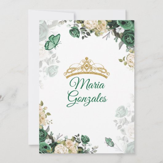 Quinceañera Smaragd Groene Vlinder Gouden Kroon Kaart (Achterkant)