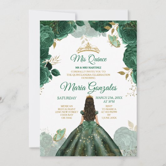 Quinceañera Smaragd Groene Vlinder Gouden Kroon Kaart (Voorkant)